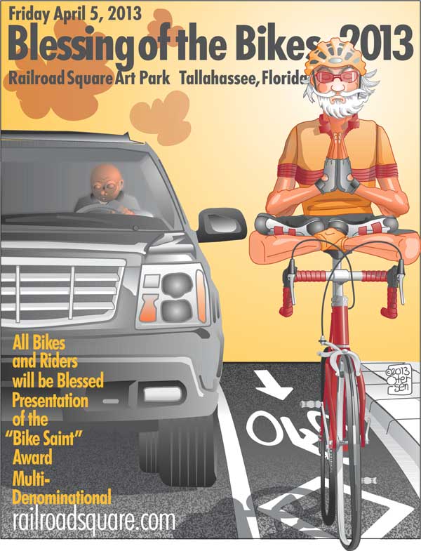 Blessing of the Bikes 2013 poster, Guru on bicycle.