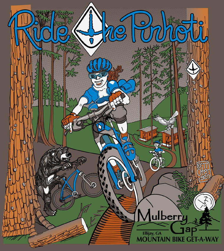 Vector rendering of 5 color tee shirt design for Mulberry Gap Mountain Bike Get-A-Way